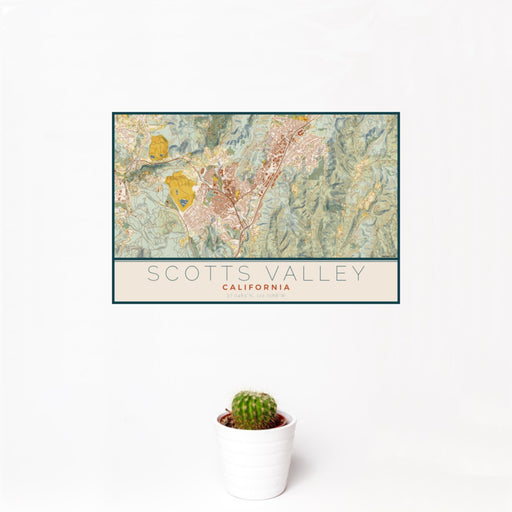 12x18 Scotts Valley California Map Print Landscape Orientation in Woodblock Style With Small Cactus Plant in White Planter