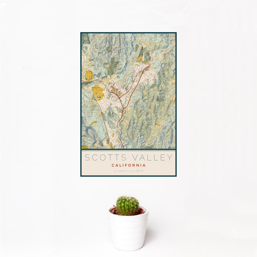 12x18 Scotts Valley California Map Print Portrait Orientation in Woodblock Style With Small Cactus Plant in White Planter