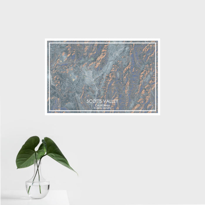 16x24 Scotts Valley California Map Print Landscape Orientation in Afternoon Style With Tropical Plant Leaves in Water