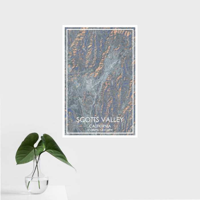 16x24 Scotts Valley California Map Print Portrait Orientation in Afternoon Style With Tropical Plant Leaves in Water