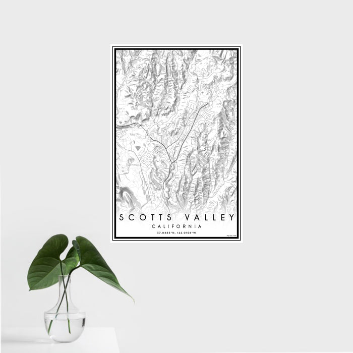 16x24 Scotts Valley California Map Print Portrait Orientation in Classic Style With Tropical Plant Leaves in Water