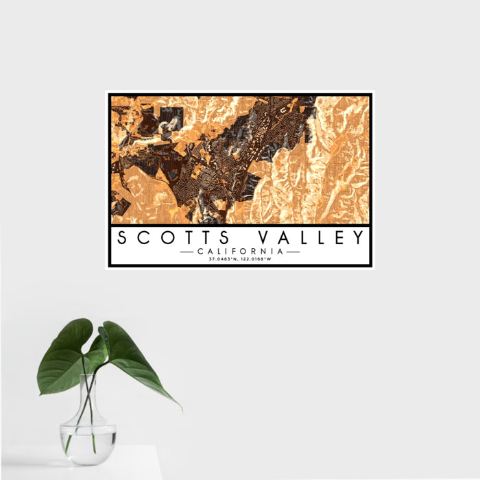 16x24 Scotts Valley California Map Print Landscape Orientation in Ember Style With Tropical Plant Leaves in Water