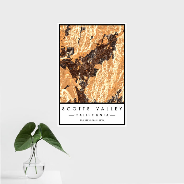 16x24 Scotts Valley California Map Print Portrait Orientation in Ember Style With Tropical Plant Leaves in Water