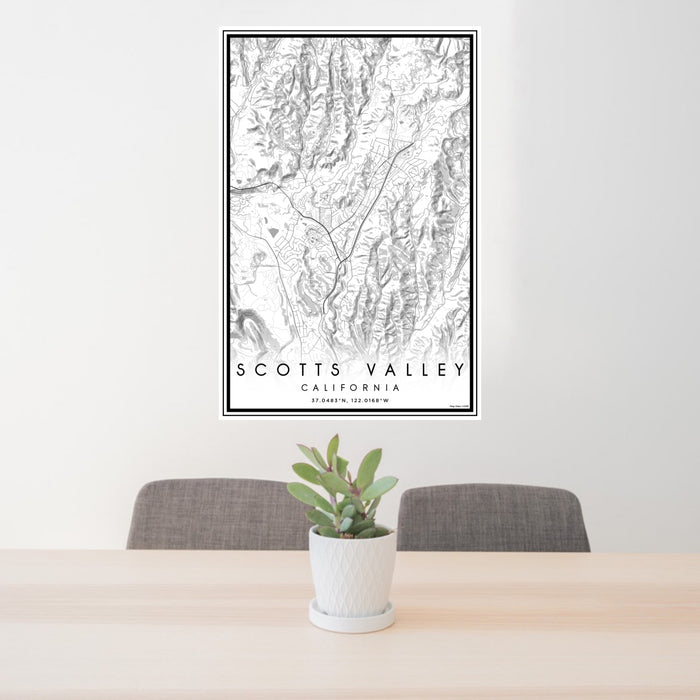 24x36 Scotts Valley California Map Print Portrait Orientation in Classic Style Behind 2 Chairs Table and Potted Plant