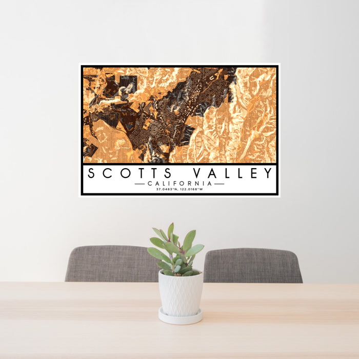 24x36 Scotts Valley California Map Print Lanscape Orientation in Ember Style Behind 2 Chairs Table and Potted Plant