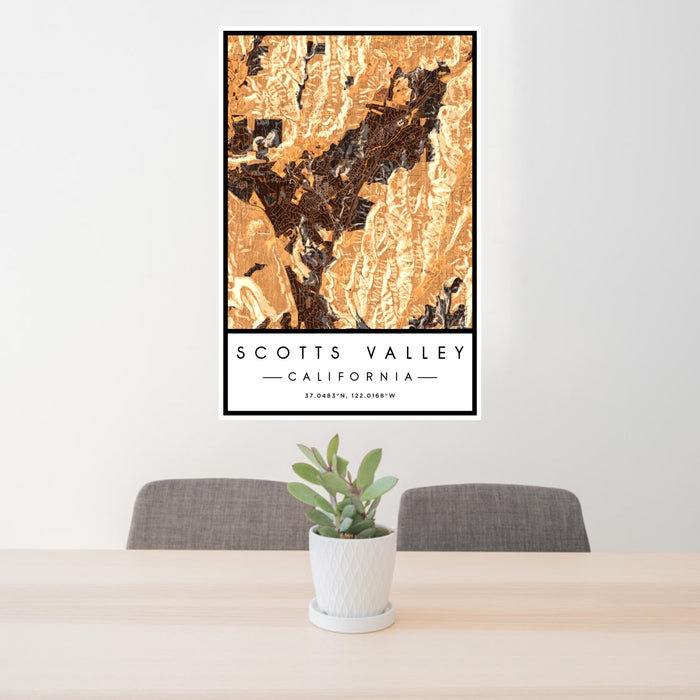 24x36 Scotts Valley California Map Print Portrait Orientation in Ember Style Behind 2 Chairs Table and Potted Plant