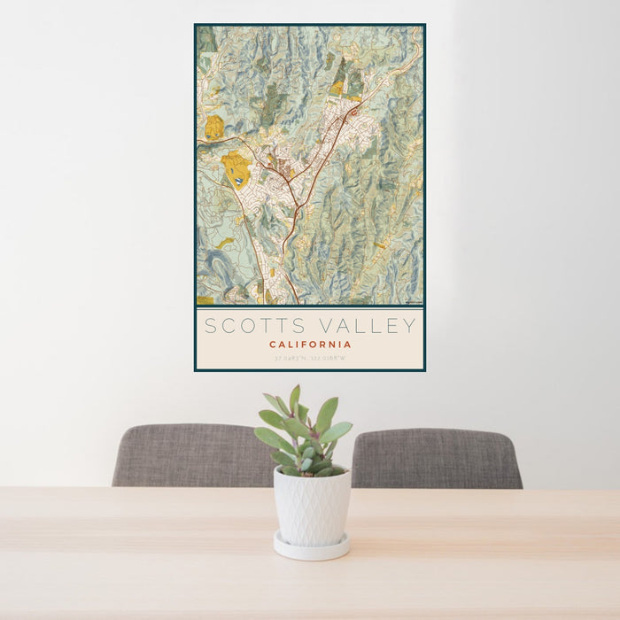 24x36 Scotts Valley California Map Print Portrait Orientation in Woodblock Style Behind 2 Chairs Table and Potted Plant