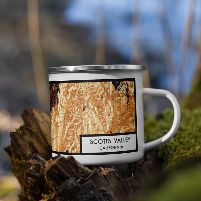 Right View Custom Scotts Valley California Map Enamel Mug in Ember on Grass With Trees in Background