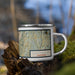 Right View Custom Scotts Valley California Map Enamel Mug in Woodblock on Grass With Trees in Background