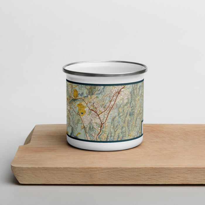 Front View Custom Scotts Valley California Map Enamel Mug in Woodblock on Cutting Board