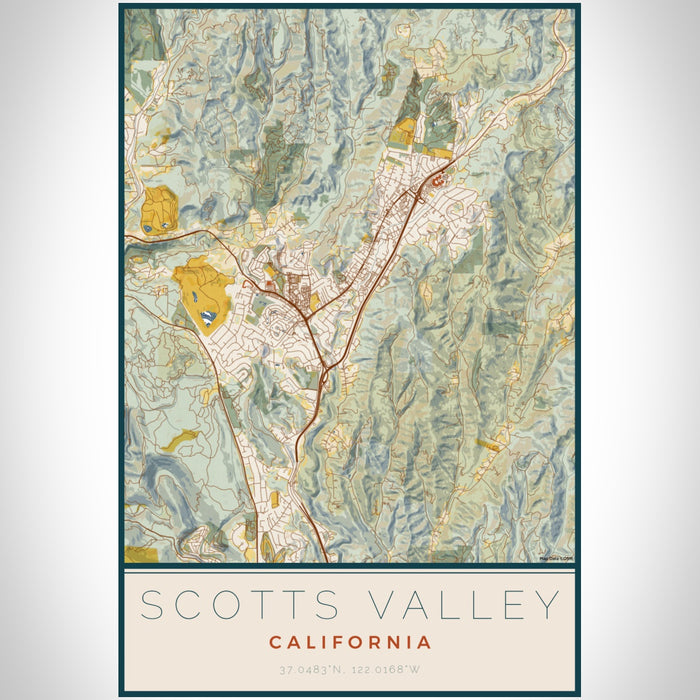 Scotts Valley California Map Print Portrait Orientation in Woodblock Style With Shaded Background