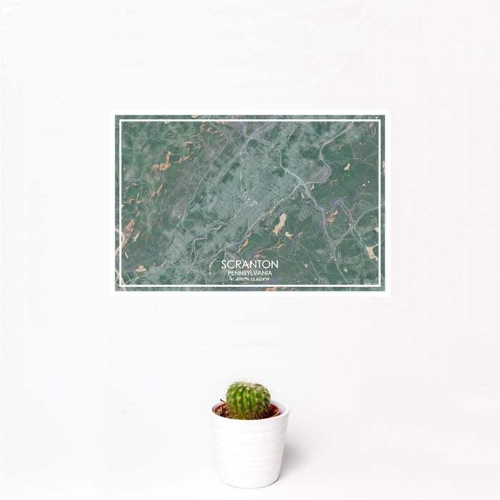 12x18 Scranton Pennsylvania Map Print Landscape Orientation in Afternoon Style With Small Cactus Plant in White Planter