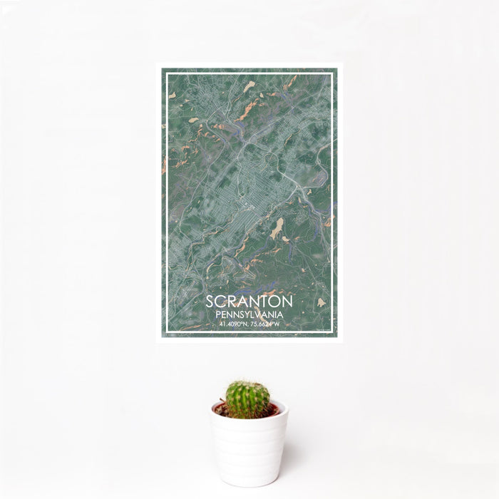12x18 Scranton Pennsylvania Map Print Portrait Orientation in Afternoon Style With Small Cactus Plant in White Planter