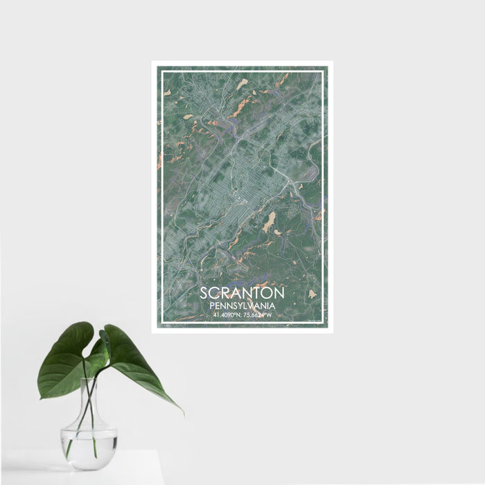 16x24 Scranton Pennsylvania Map Print Portrait Orientation in Afternoon Style With Tropical Plant Leaves in Water