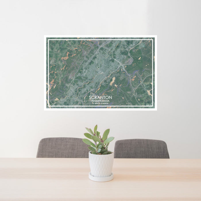 24x36 Scranton Pennsylvania Map Print Lanscape Orientation in Afternoon Style Behind 2 Chairs Table and Potted Plant
