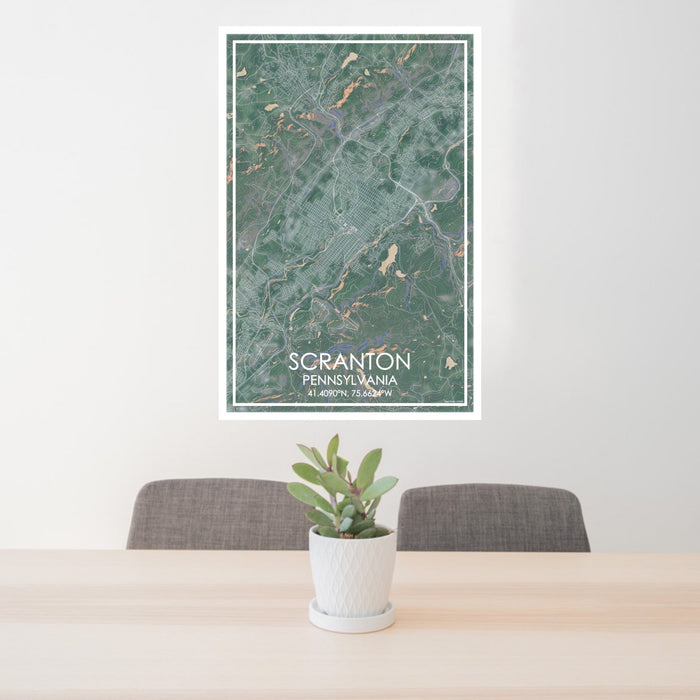 24x36 Scranton Pennsylvania Map Print Portrait Orientation in Afternoon Style Behind 2 Chairs Table and Potted Plant