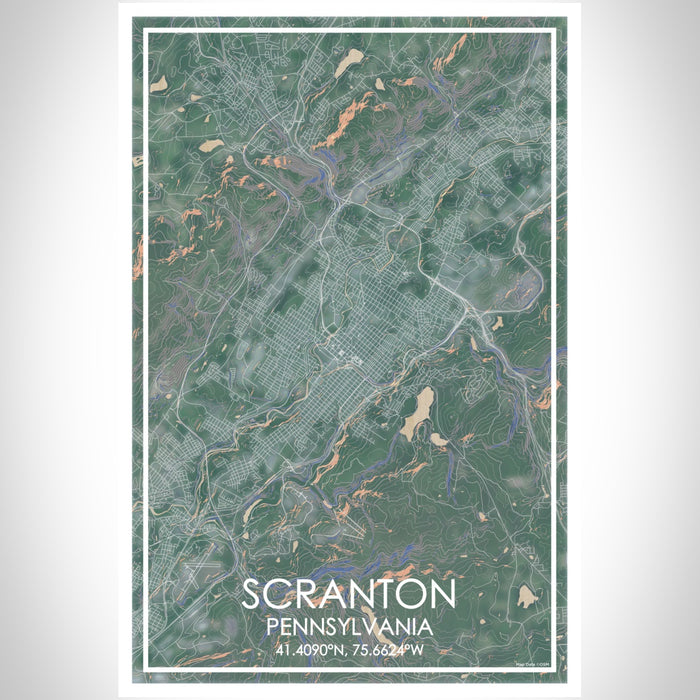 Scranton Pennsylvania Map Print Portrait Orientation in Afternoon Style With Shaded Background