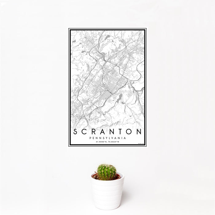 12x18 Scranton Pennsylvania Map Print Portrait Orientation in Classic Style With Small Cactus Plant in White Planter