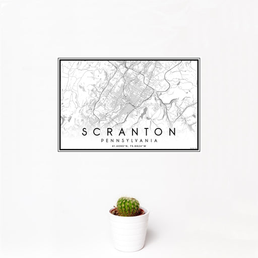 12x18 Scranton Pennsylvania Map Print Landscape Orientation in Classic Style With Small Cactus Plant in White Planter