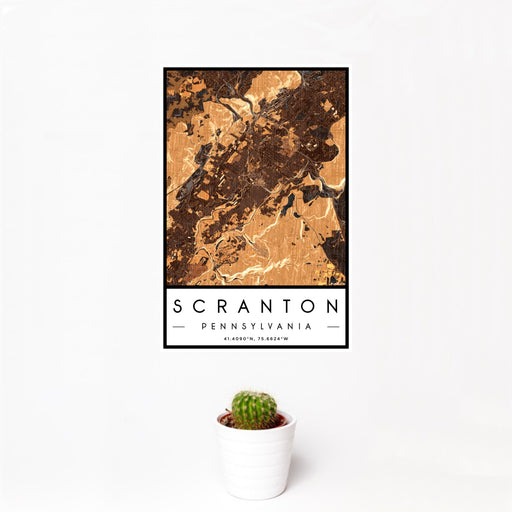 12x18 Scranton Pennsylvania Map Print Portrait Orientation in Ember Style With Small Cactus Plant in White Planter