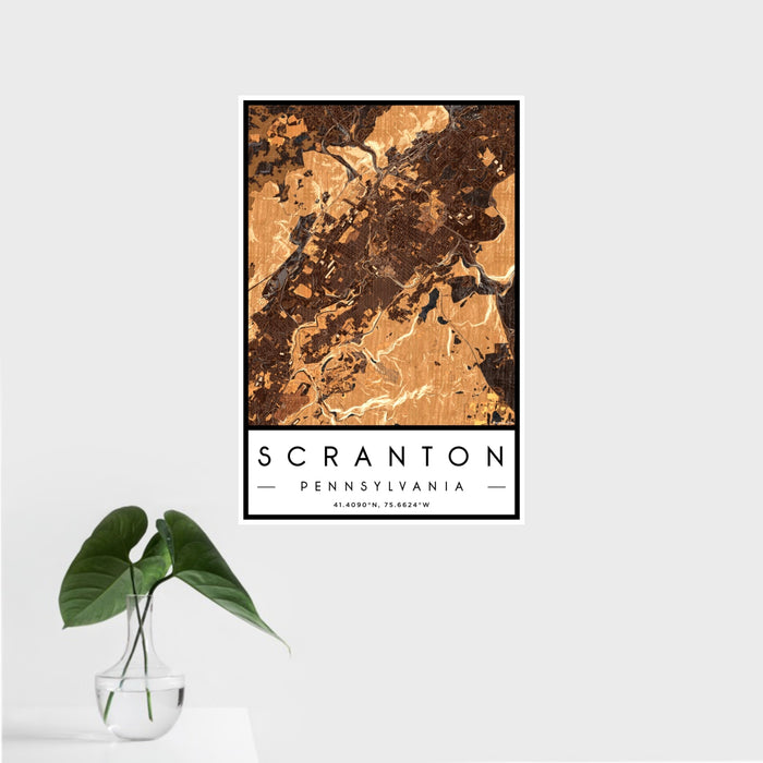 16x24 Scranton Pennsylvania Map Print Portrait Orientation in Ember Style With Tropical Plant Leaves in Water