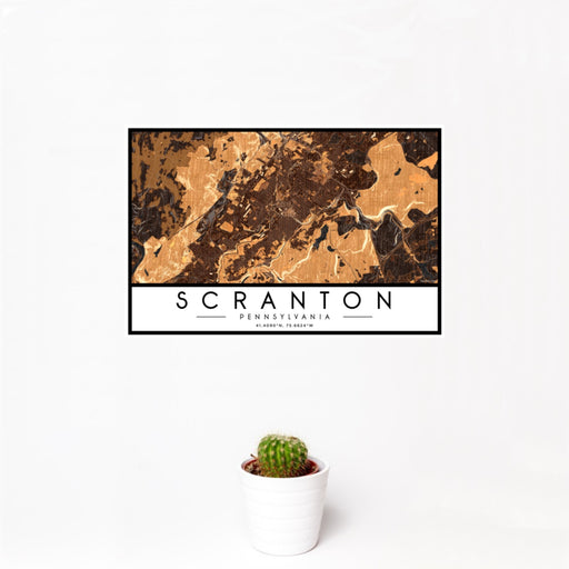 12x18 Scranton Pennsylvania Map Print Landscape Orientation in Ember Style With Small Cactus Plant in White Planter