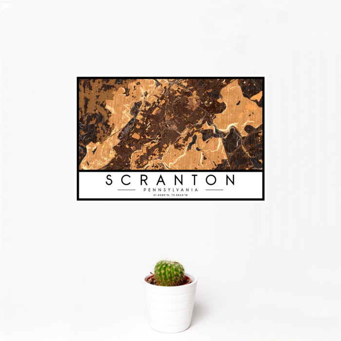 12x18 Scranton Pennsylvania Map Print Landscape Orientation in Ember Style With Small Cactus Plant in White Planter