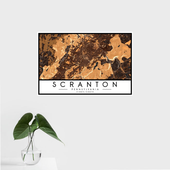 16x24 Scranton Pennsylvania Map Print Landscape Orientation in Ember Style With Tropical Plant Leaves in Water