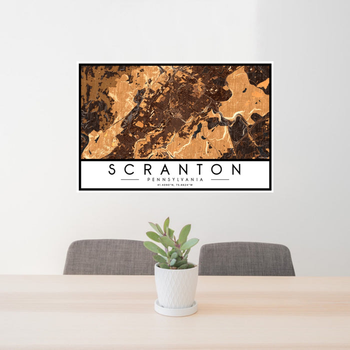24x36 Scranton Pennsylvania Map Print Landscape Orientation in Ember Style Behind 2 Chairs Table and Potted Plant