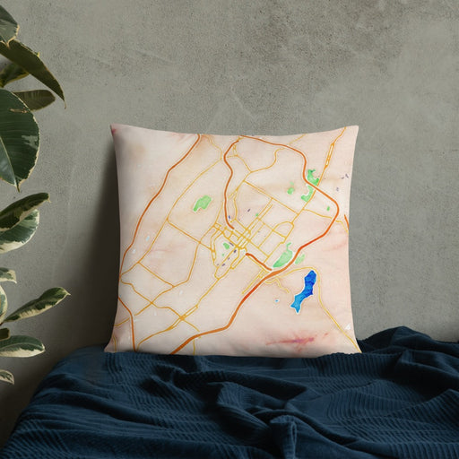 Custom Scranton Pennsylvania Map Throw Pillow in Watercolor on Bedding Against Wall