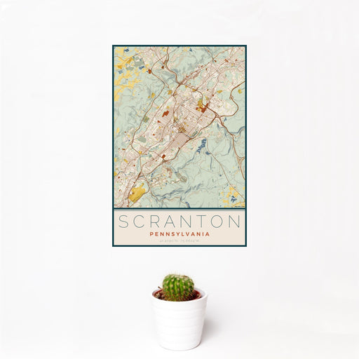 12x18 Scranton Pennsylvania Map Print Portrait Orientation in Woodblock Style With Small Cactus Plant in White Planter