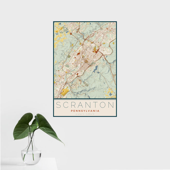 16x24 Scranton Pennsylvania Map Print Portrait Orientation in Woodblock Style With Tropical Plant Leaves in Water