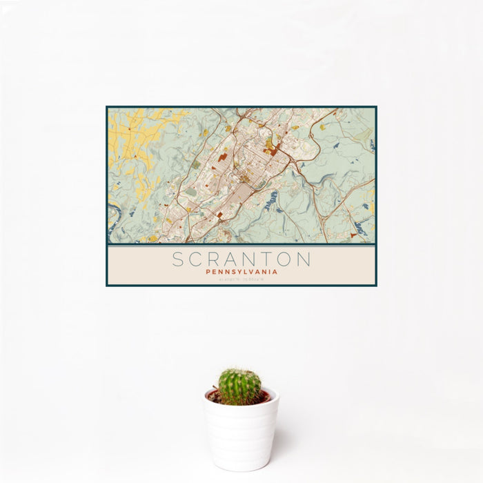12x18 Scranton Pennsylvania Map Print Landscape Orientation in Woodblock Style With Small Cactus Plant in White Planter
