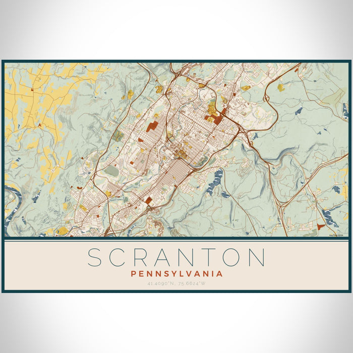 Scranton Pennsylvania Map Print Landscape Orientation in Woodblock Style With Shaded Background