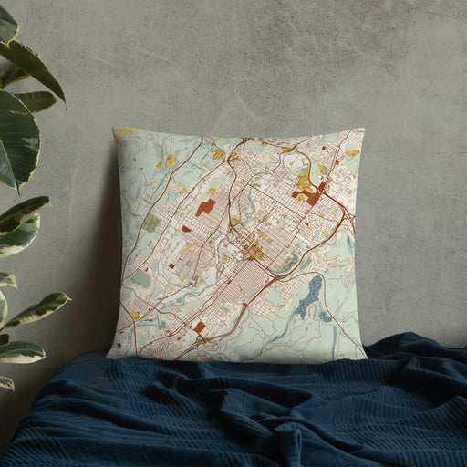 Custom Scranton Pennsylvania Map Throw Pillow in Woodblock on Bedding Against Wall