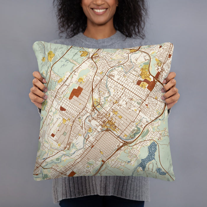 Person holding 18x18 Custom Scranton Pennsylvania Map Throw Pillow in Woodblock
