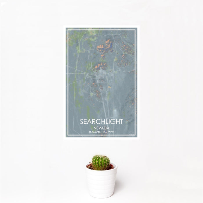 12x18 Searchlight Nevada Map Print Portrait Orientation in Afternoon Style With Small Cactus Plant in White Planter