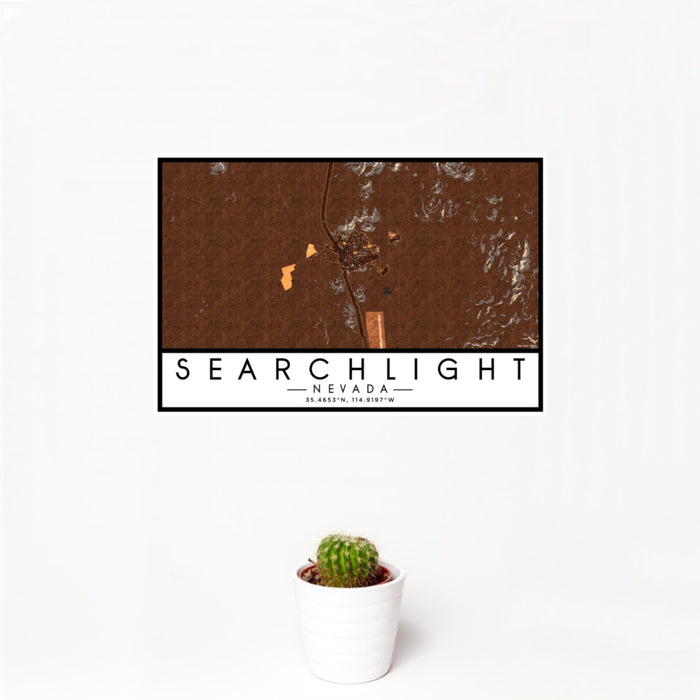 12x18 Searchlight Nevada Map Print Landscape Orientation in Ember Style With Small Cactus Plant in White Planter