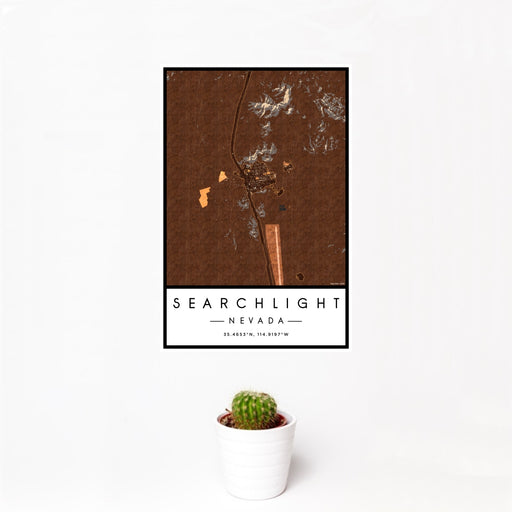 12x18 Searchlight Nevada Map Print Portrait Orientation in Ember Style With Small Cactus Plant in White Planter