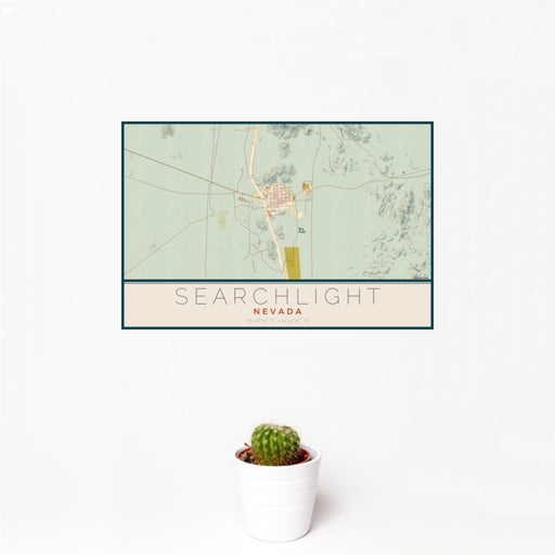 12x18 Searchlight Nevada Map Print Landscape Orientation in Woodblock Style With Small Cactus Plant in White Planter