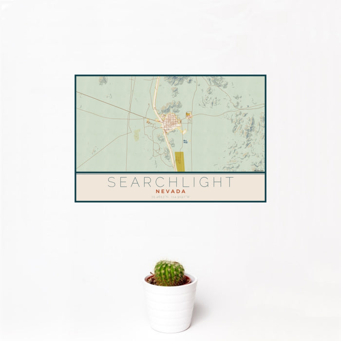 12x18 Searchlight Nevada Map Print Landscape Orientation in Woodblock Style With Small Cactus Plant in White Planter
