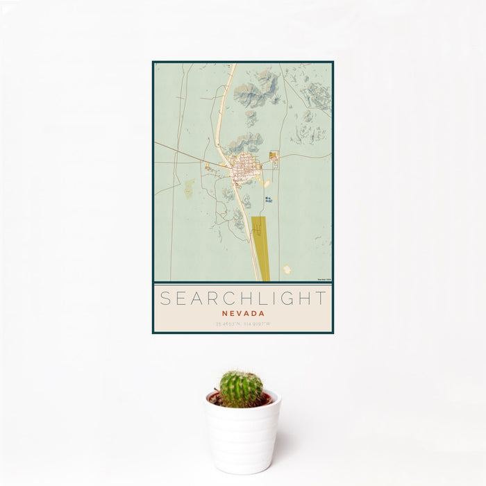 12x18 Searchlight Nevada Map Print Portrait Orientation in Woodblock Style With Small Cactus Plant in White Planter