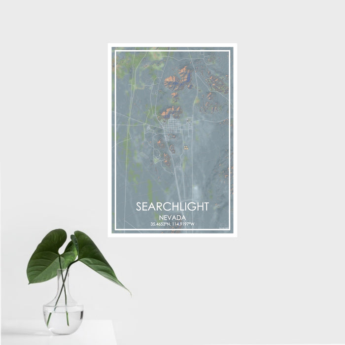 16x24 Searchlight Nevada Map Print Portrait Orientation in Afternoon Style With Tropical Plant Leaves in Water