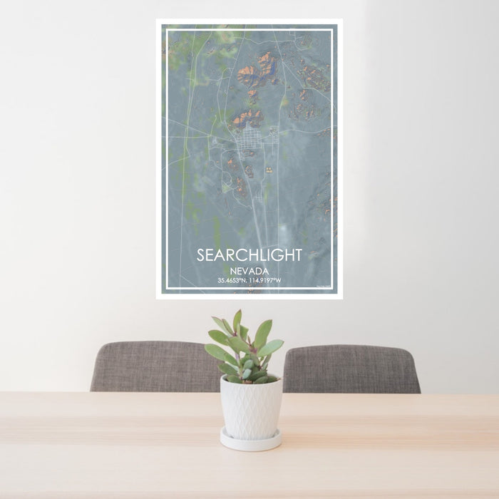 24x36 Searchlight Nevada Map Print Portrait Orientation in Afternoon Style Behind 2 Chairs Table and Potted Plant