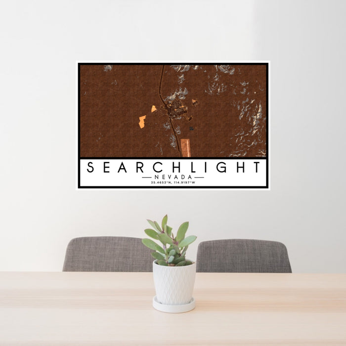24x36 Searchlight Nevada Map Print Lanscape Orientation in Ember Style Behind 2 Chairs Table and Potted Plant