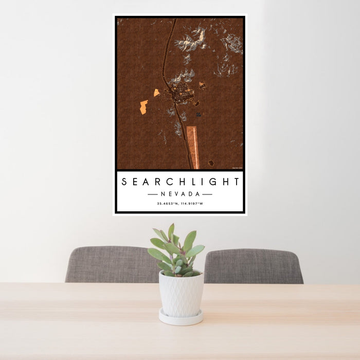 24x36 Searchlight Nevada Map Print Portrait Orientation in Ember Style Behind 2 Chairs Table and Potted Plant