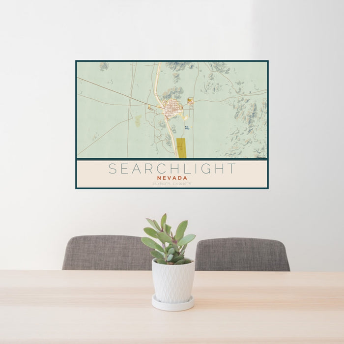 24x36 Searchlight Nevada Map Print Lanscape Orientation in Woodblock Style Behind 2 Chairs Table and Potted Plant