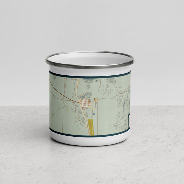 Front View Custom Searchlight Nevada Map Enamel Mug in Woodblock