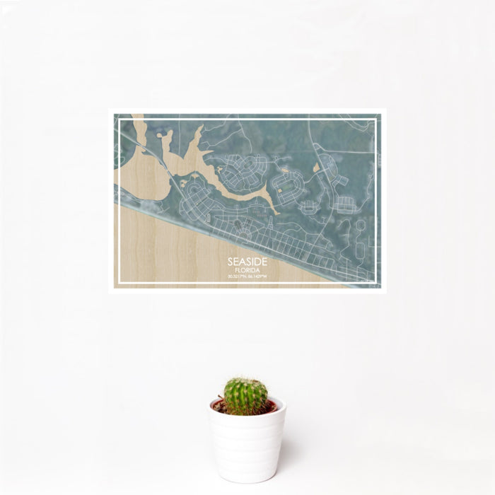 12x18 Seaside Florida Map Print Landscape Orientation in Afternoon Style With Small Cactus Plant in White Planter