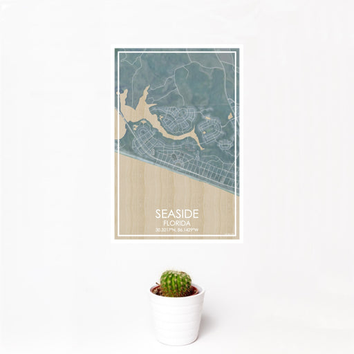 12x18 Seaside Florida Map Print Portrait Orientation in Afternoon Style With Small Cactus Plant in White Planter